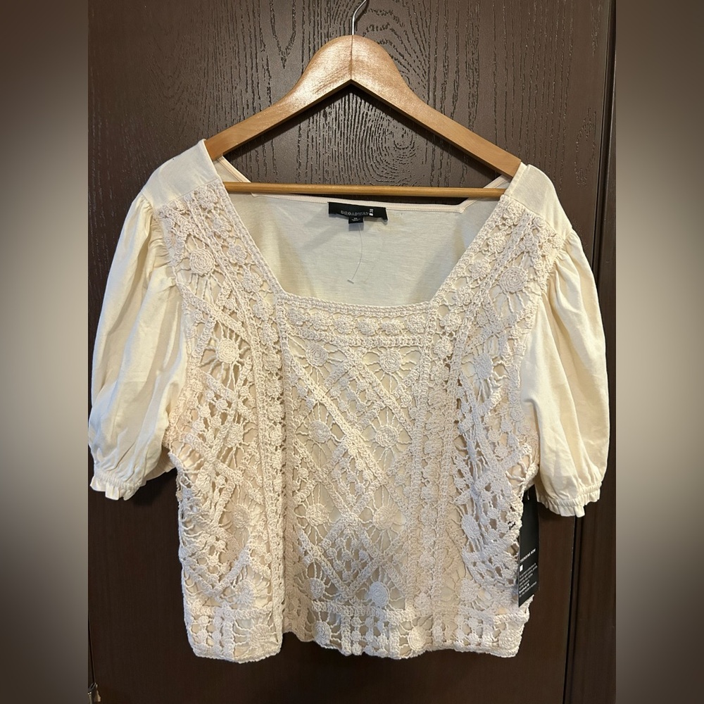 NWT Broadway38 Crochet Overlay Square Neck Cream Ruffle Short Sleeve Top XL